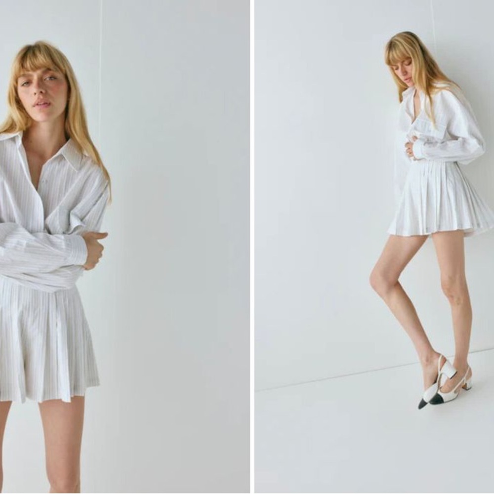 VRG GRL cream striped shirt and skort set